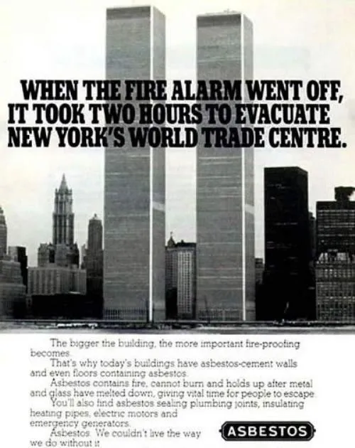 Vintage World Trade Center asbestos advert promoting fireproofing materials