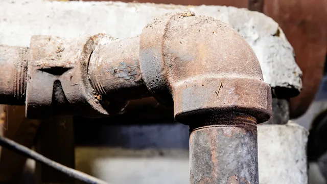 Older pipework with asbestos-containing thermal insulation visible behind the metal joint. This material was used to reduce heat loss but can release fibres if damaged or disturbed.
