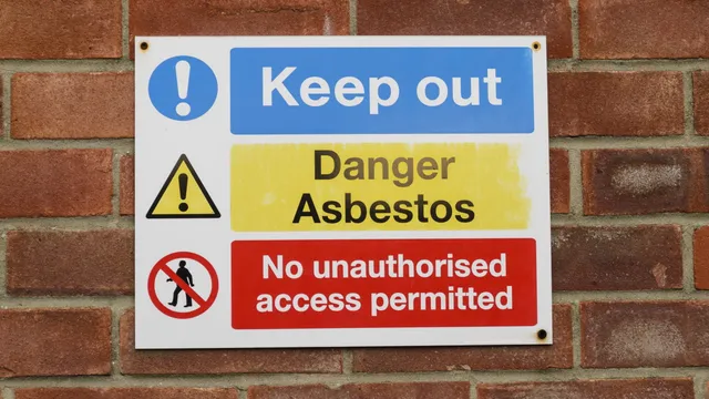 Asbestos warning sign restricting access to a hazardous area. Clear signage helps prevent unauthorised entry and warns people that asbestos-containing materials may be present.