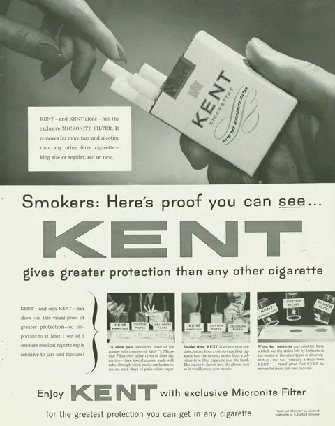 Kent asbestos cigarette filters poster advertising Micronite filter