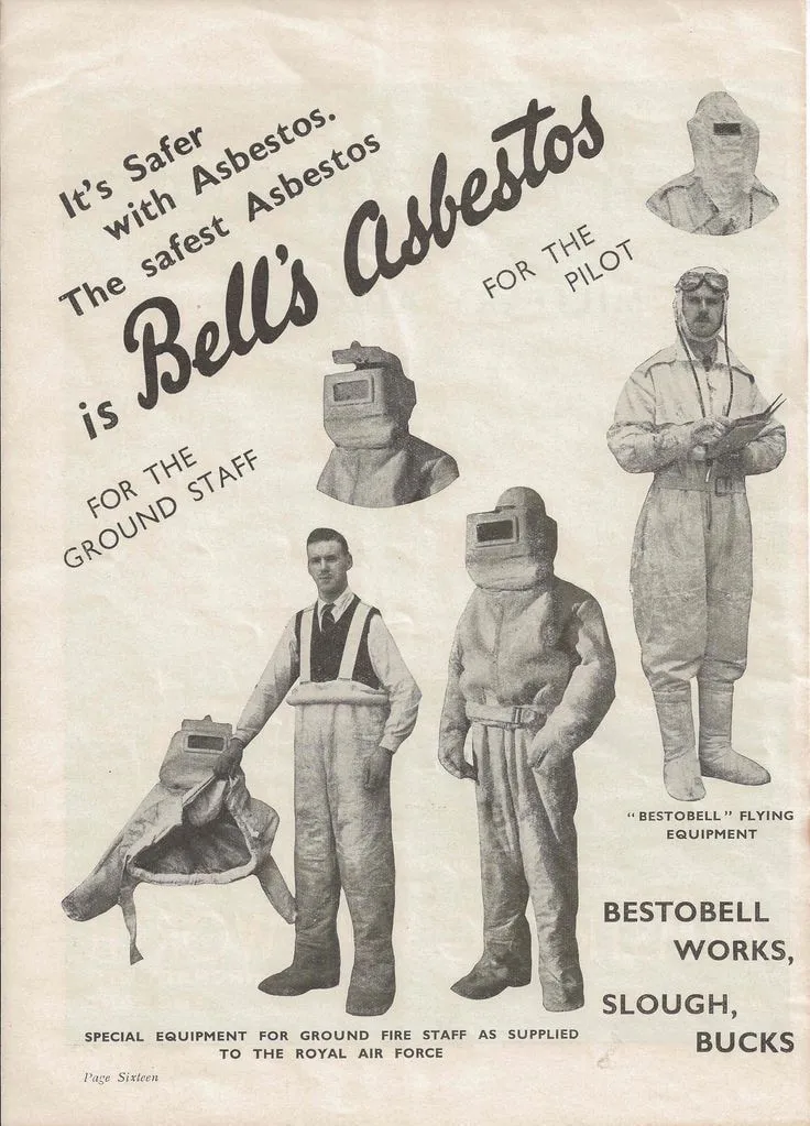Vintage asbestos suits for RAF poster showing protective military clothing