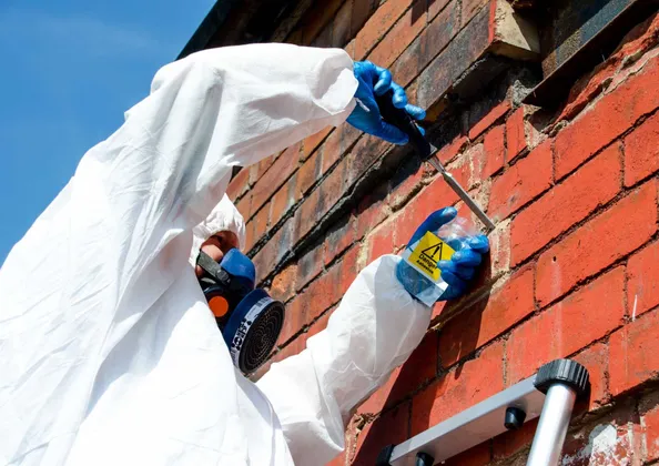 Analyst in a protective coverall, respirator and gloves taking an asbestos sample from an external brick wall