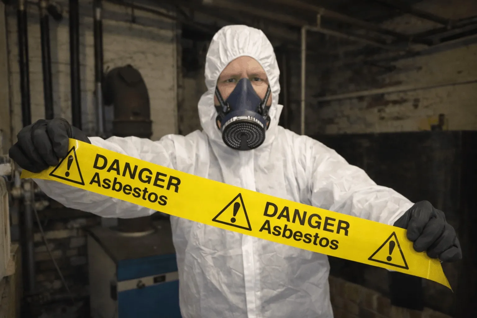Surveyor in protective coveralls and a respirator holding Danger Asbestos barrier tape across a plant room