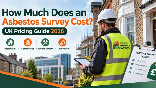 Complete Asbestos Surveys surveyor outside a UK property promoting 2026 asbestos survey pricing for residential and commercial buildings.