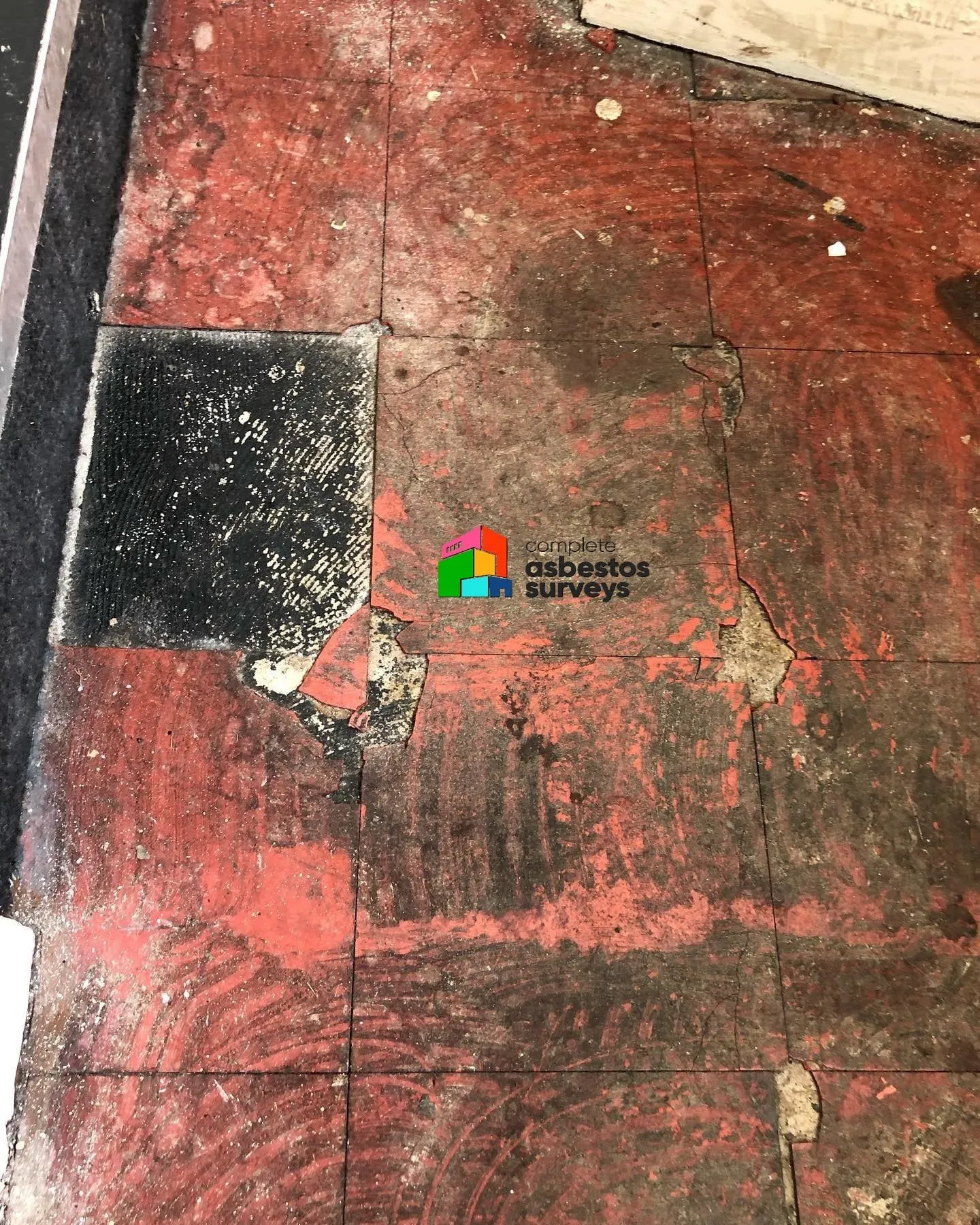 Damaged asbestos floor tiles and adhesive in domestic or commercial property