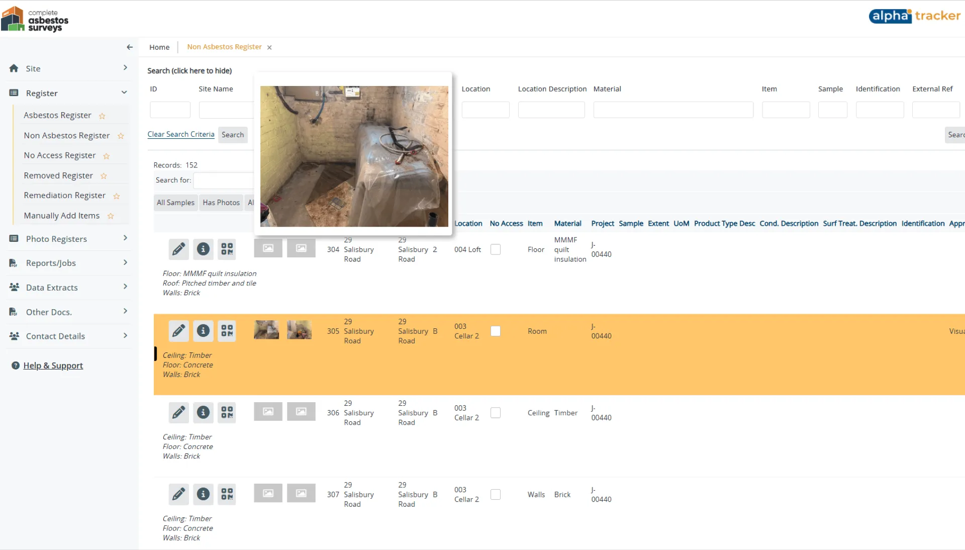 The client portal register, listing every recorded material with its location, condition and survey photographs
