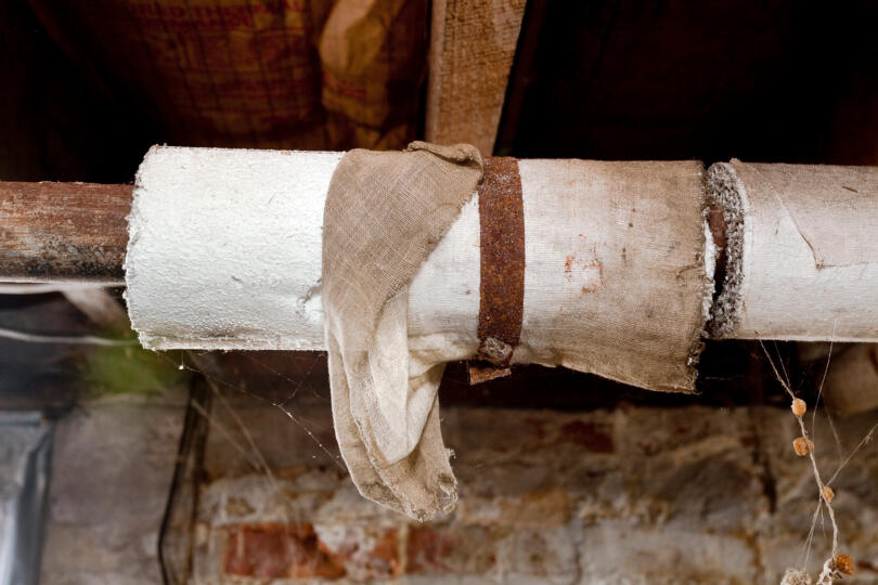 Asbestos canvas and band paper insulation around heating pipework