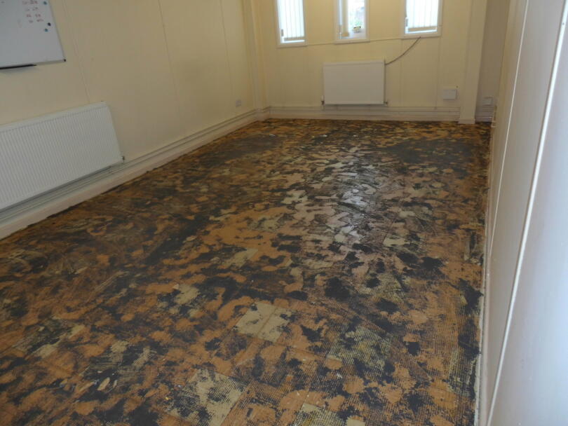 Asbestos vinyl floor tiles exposed after removal of carpet